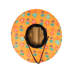 royal hawaiian hula print inside of straw hat