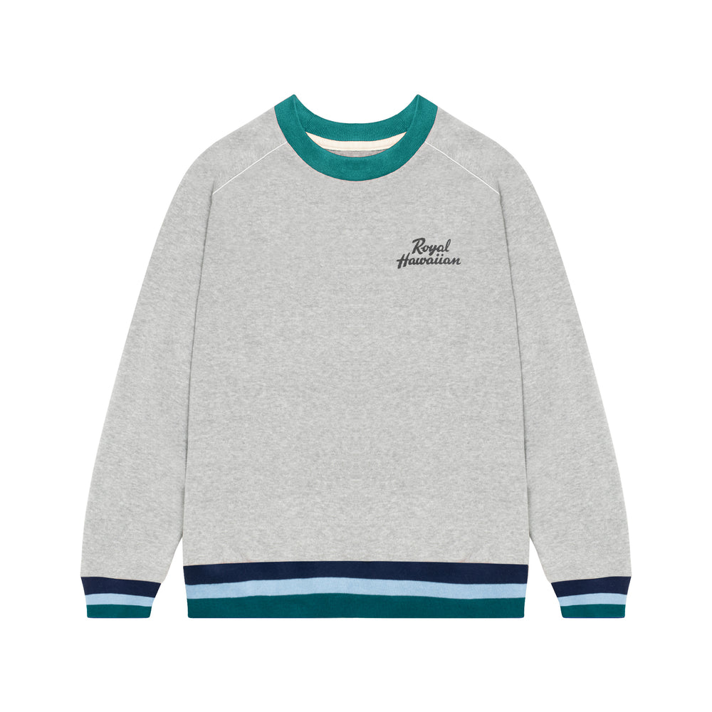front of gray crewneck with "royal hawaiian" on pocket and striped trim 