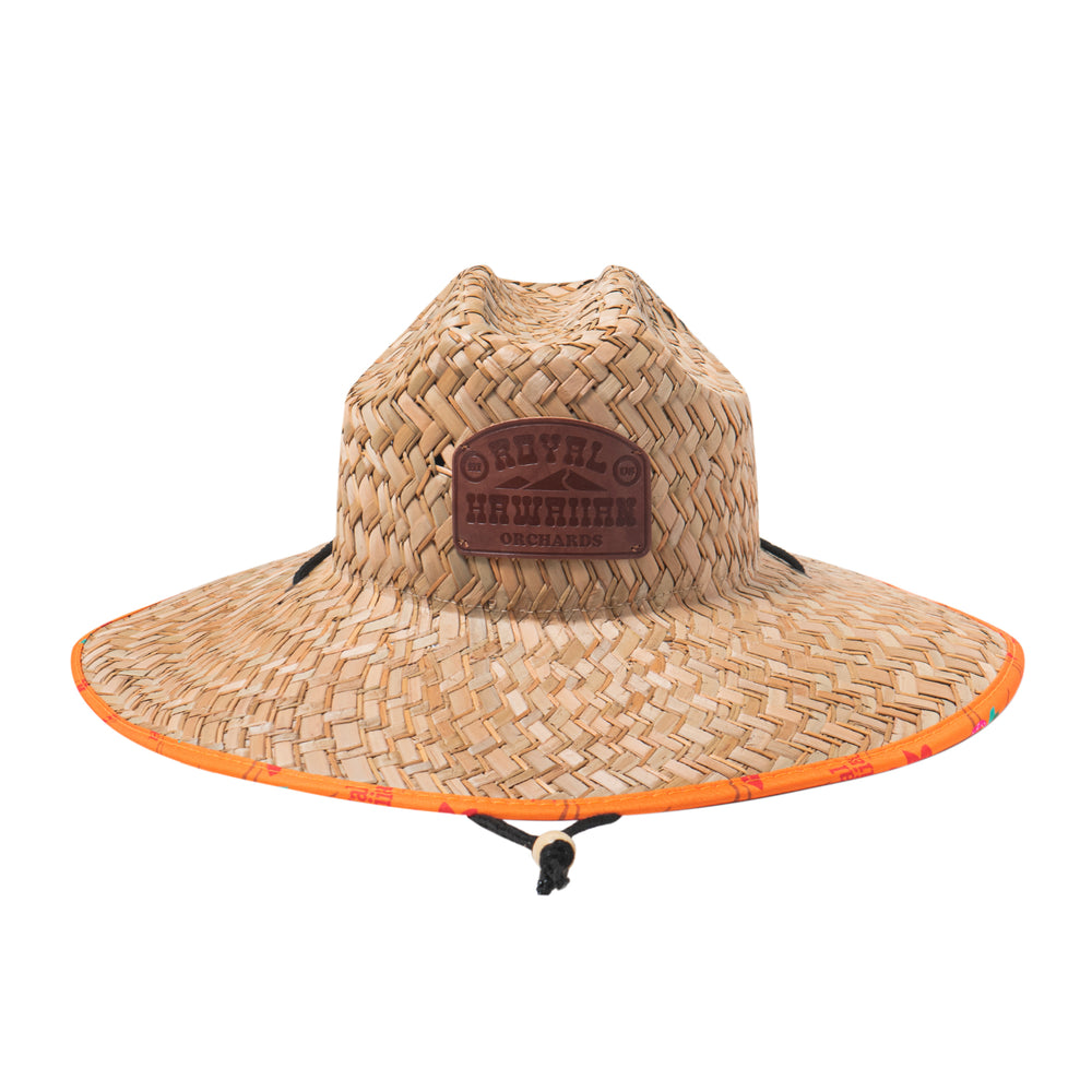 straw hat with royal hawaiian orchards leather patch