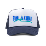 navy and white trucker hat with Royal Hawaiian Orchards and wave design