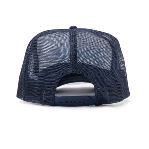 navy mesh back of trucker hat with snapback adjustable closure 