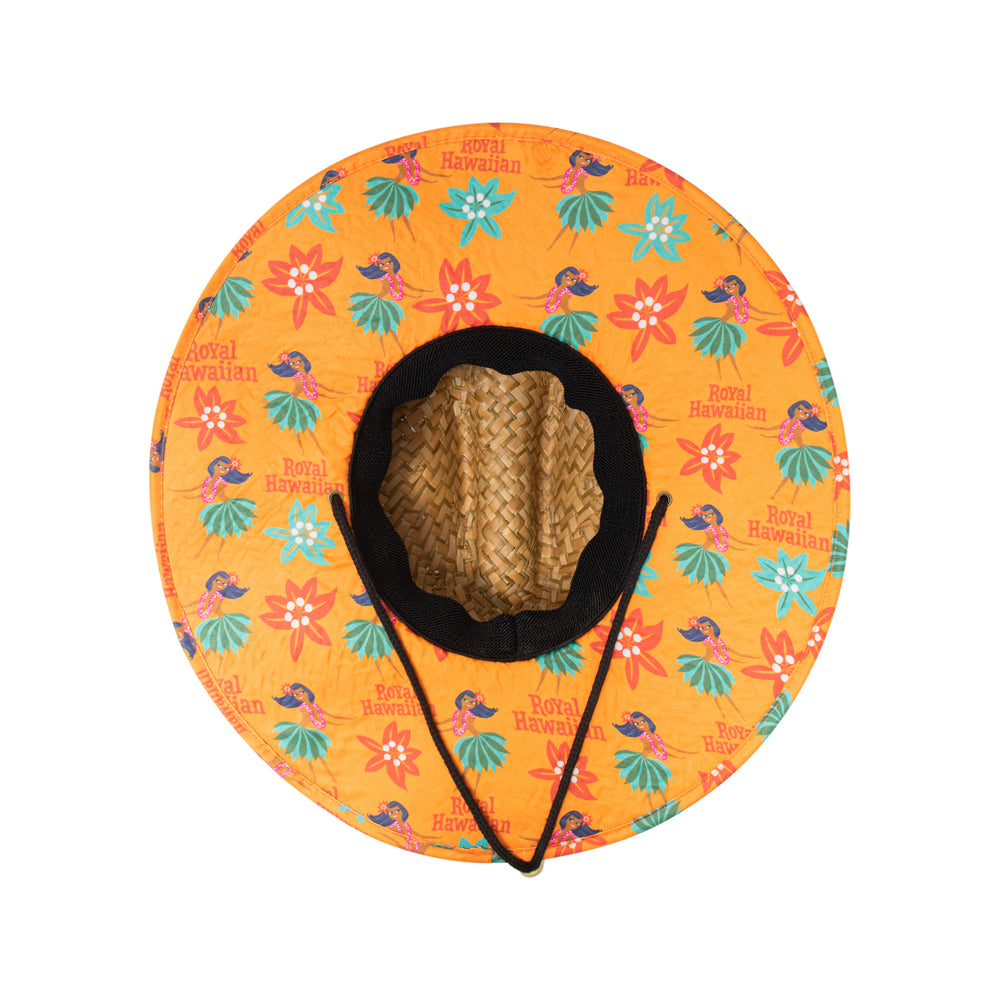 
            
                Load image into Gallery viewer, royal hawaiian hula print inside of straw hat
            
        