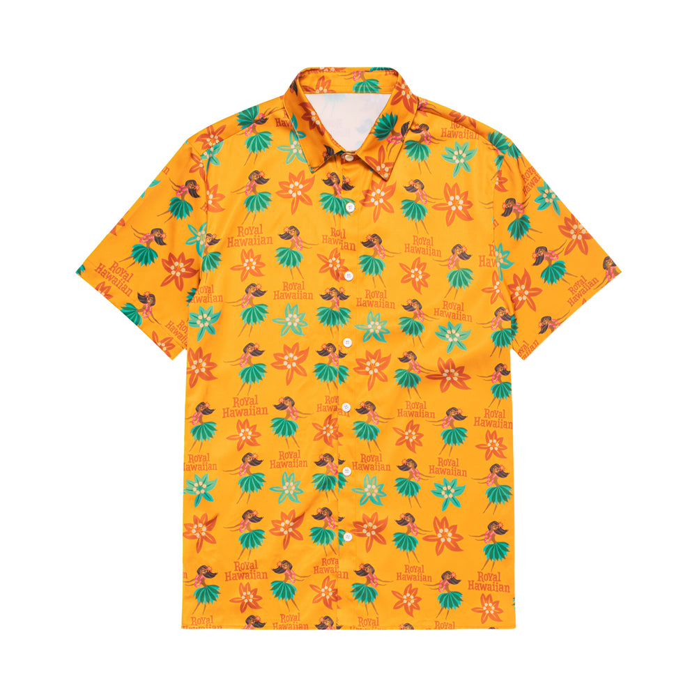 yellow button up shirt with hula print all over it