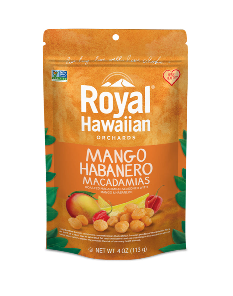 frontside of mango habanero macadamias- royal hawaiian orchards