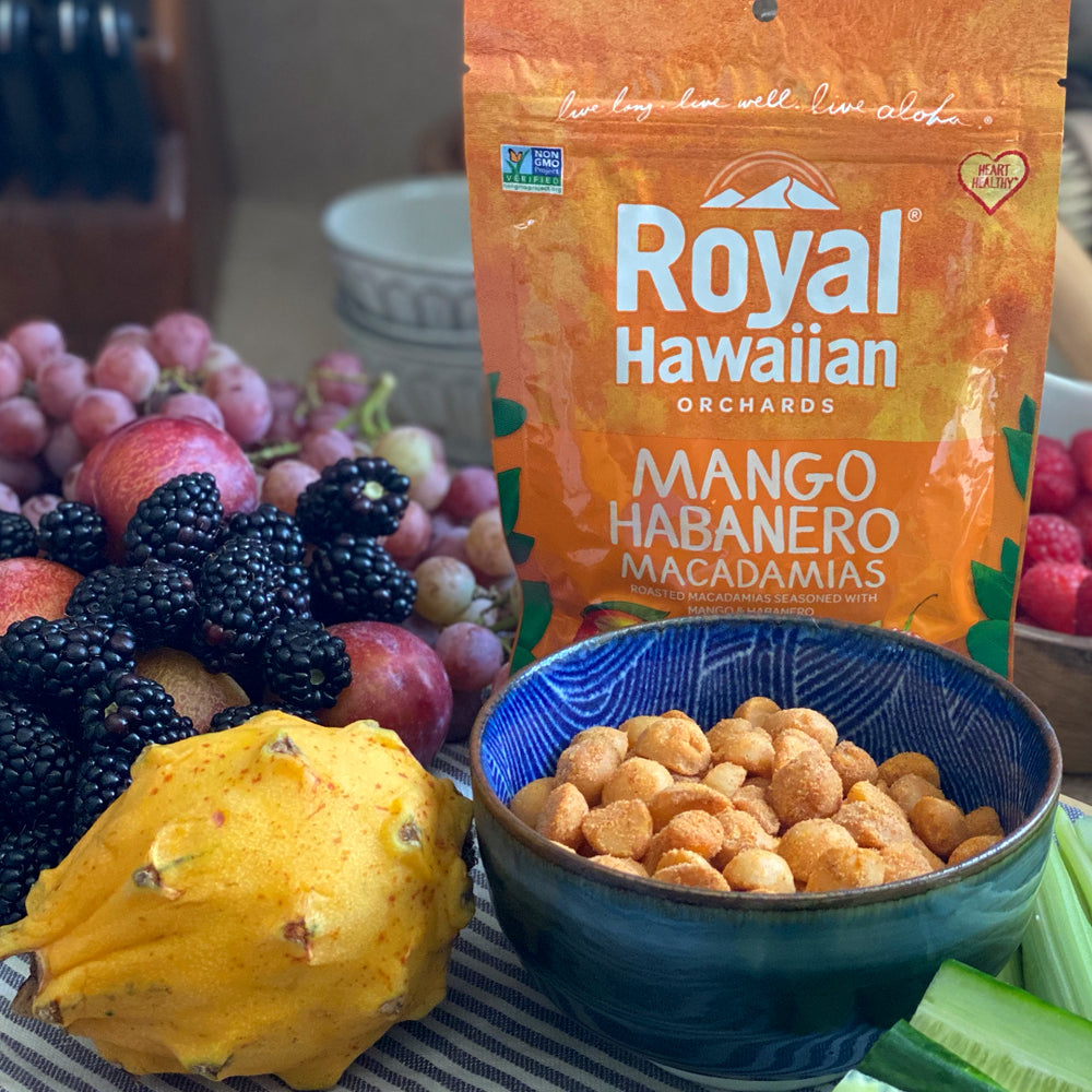 
            
                Load image into Gallery viewer, mango habanero macadamias- royal hawaiian orchards by fruits and macadamias in bowl
            
        