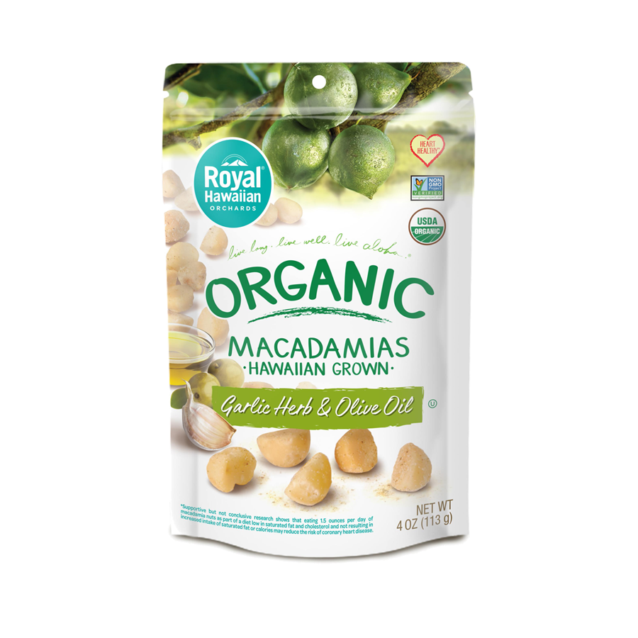 frontside of organic garlic herb & olive oil macadamias- royal hawaiian orchards